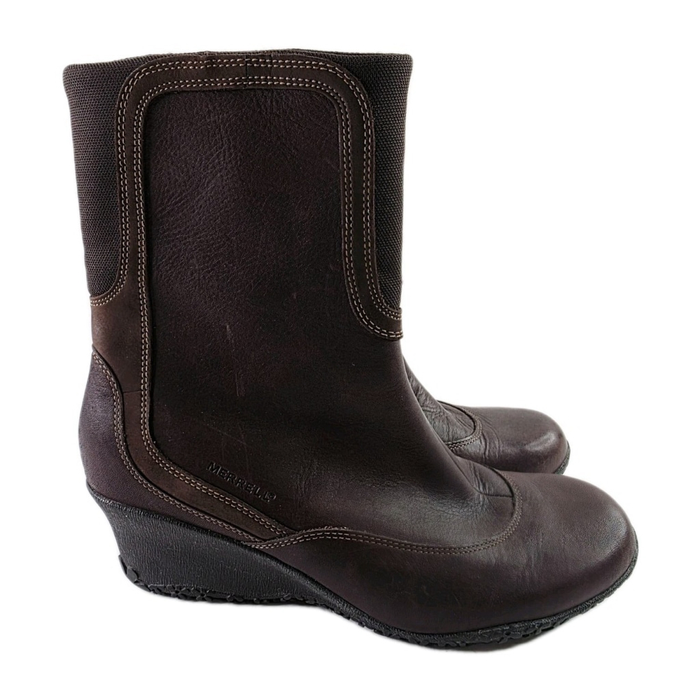 Women's Merrell Wisteria Wedge Mid Calf Boots Shoes Brown Leather Sz 9 Side Zip